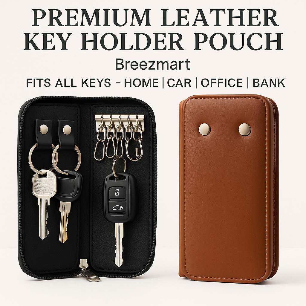 Leather Key Holder Case Pouch| Zipper Key Wallet with 6 Key Hooks & 2 Car Key Rings