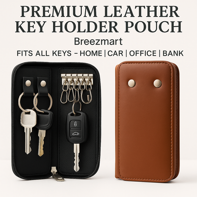 Leather Key Holder Case Pouch| Zipper Key Wallet with 6 Key Hooks & 2 Car Key Rings