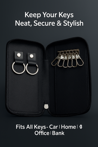Leather Key Holder Case Pouch| Zipper Key Wallet with 6 Key Hooks & 2 Car Key Rings