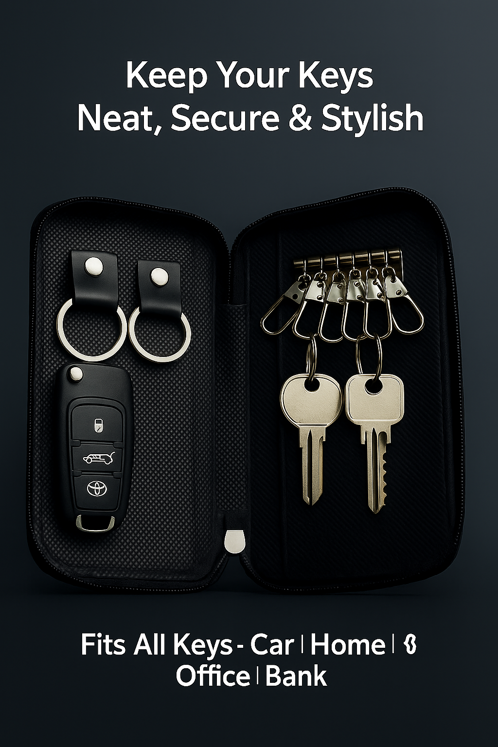 Leather Key Holder Case Pouch| Zipper Key Wallet with 6 Key Hooks & 2 Car Key Rings