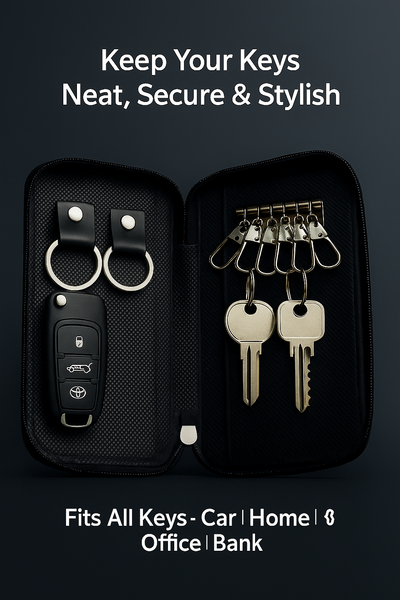 Leather Key Holder Case Pouch| Zipper Key Wallet with 6 Key Hooks & 2 Car Key Rings