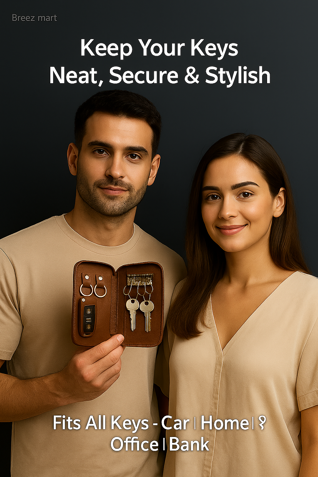 Leather Key Holder Case Pouch| Zipper Key Wallet with 6 Key Hooks & 2 Car Key Rings