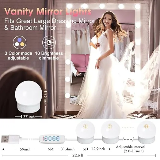 10 LED Bulbs Vanity Mirror Lights with 3 Light Modes | Adjustable Brightness for Makeup Mirro